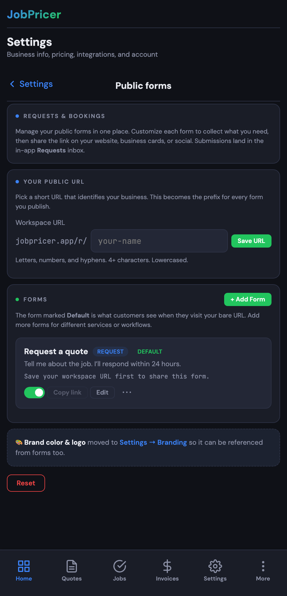 Public forms settings: your workspace URL and published forms