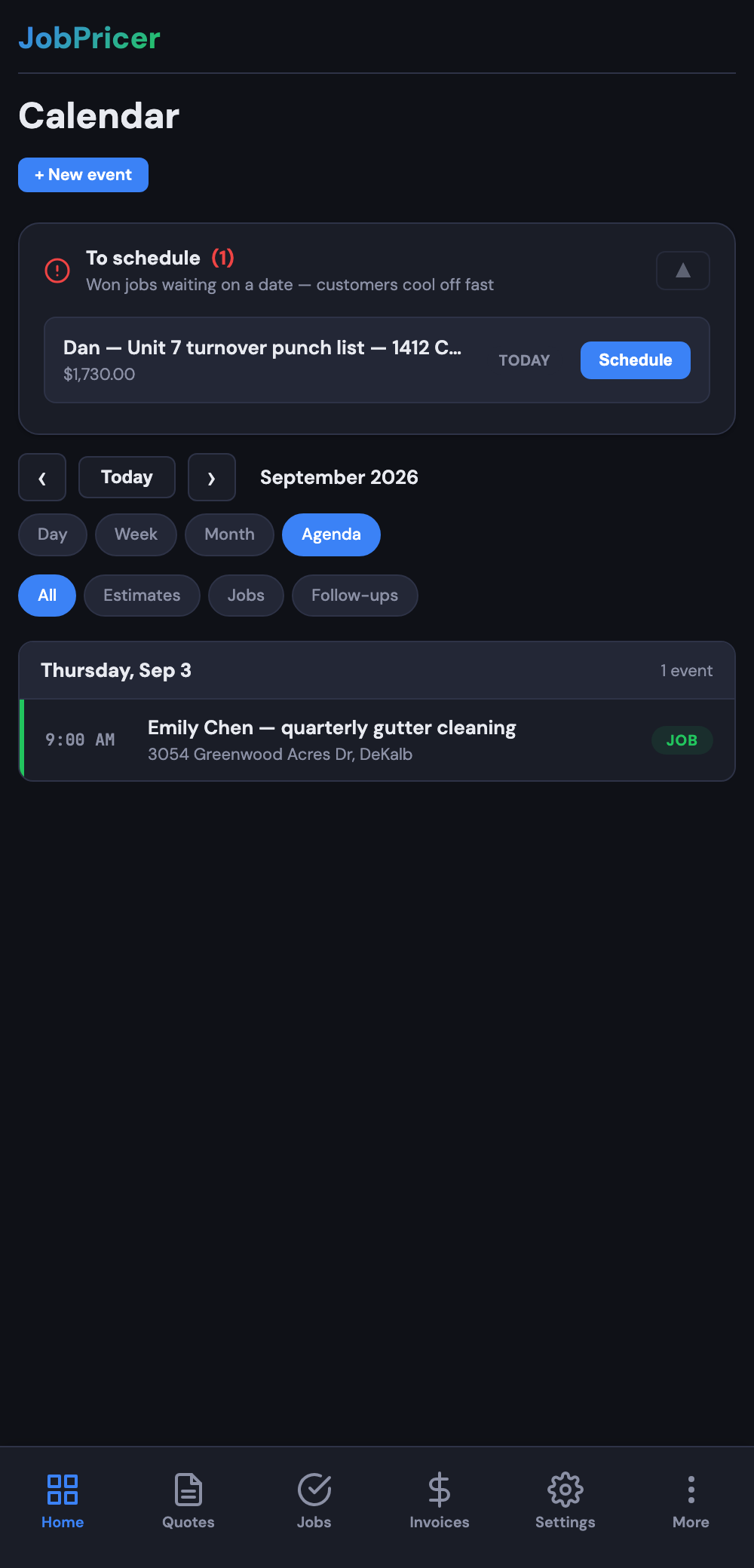 The calendar with a recurring client visit scheduled