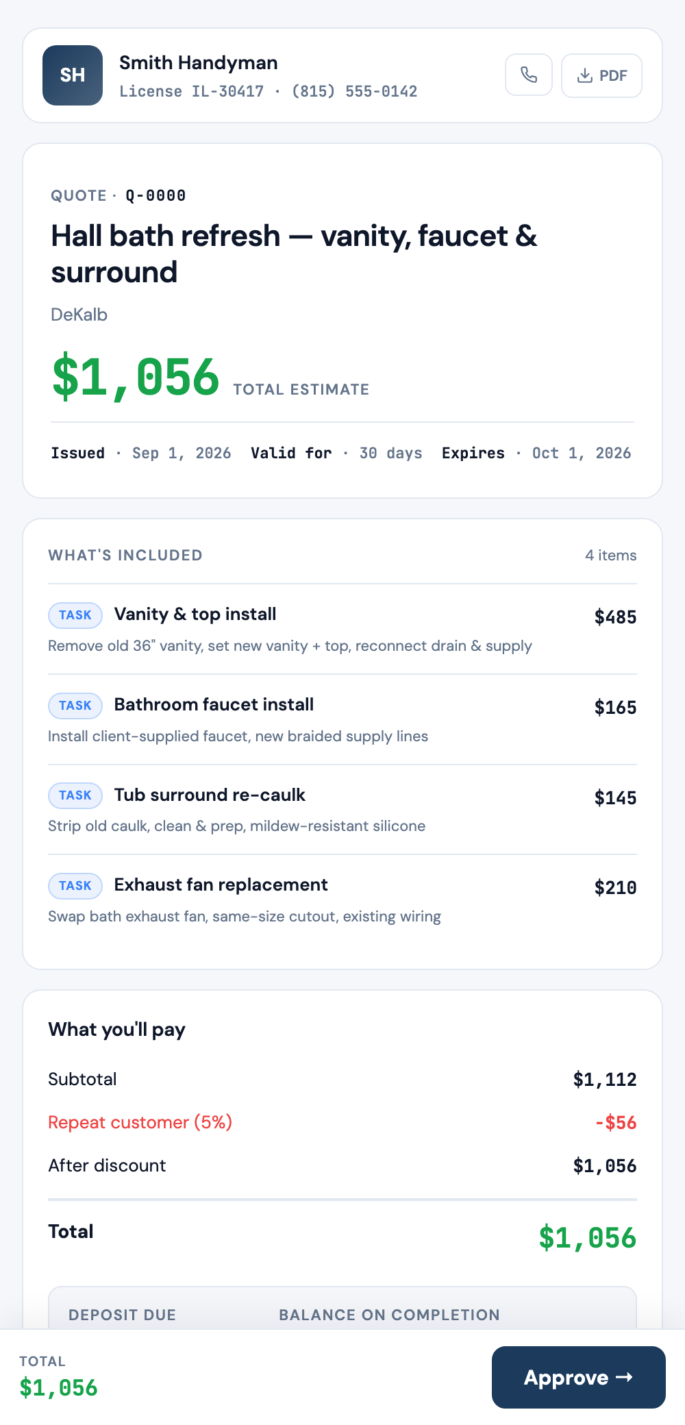 What your client sees: a clean quote with line items, total, and an Approve button