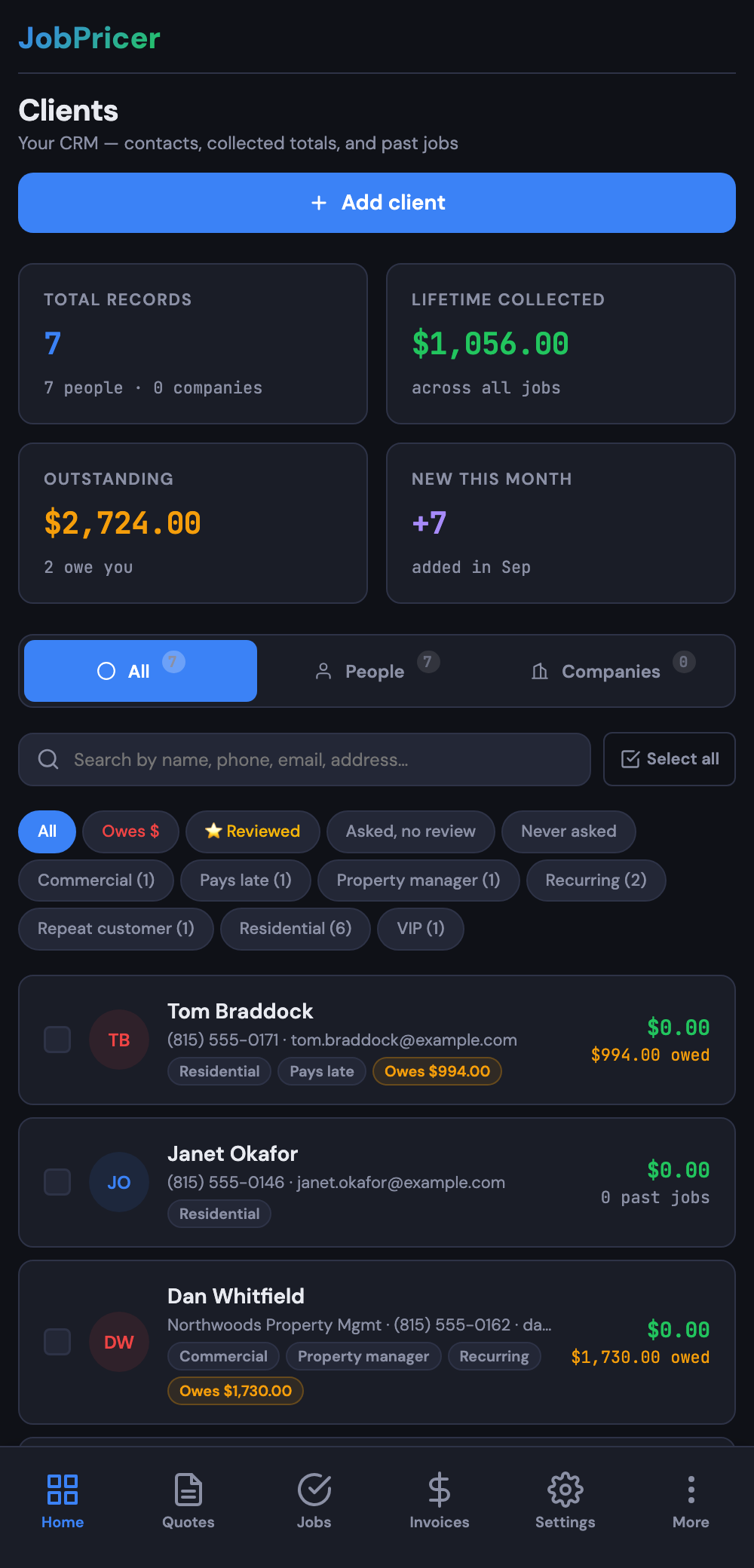 The Clients CRM with tags, sources, and collected totals