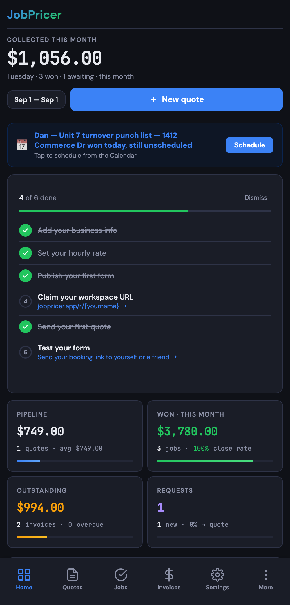 The JobPricer dashboard: collected this month, pipeline, and overhead coverage at a glance