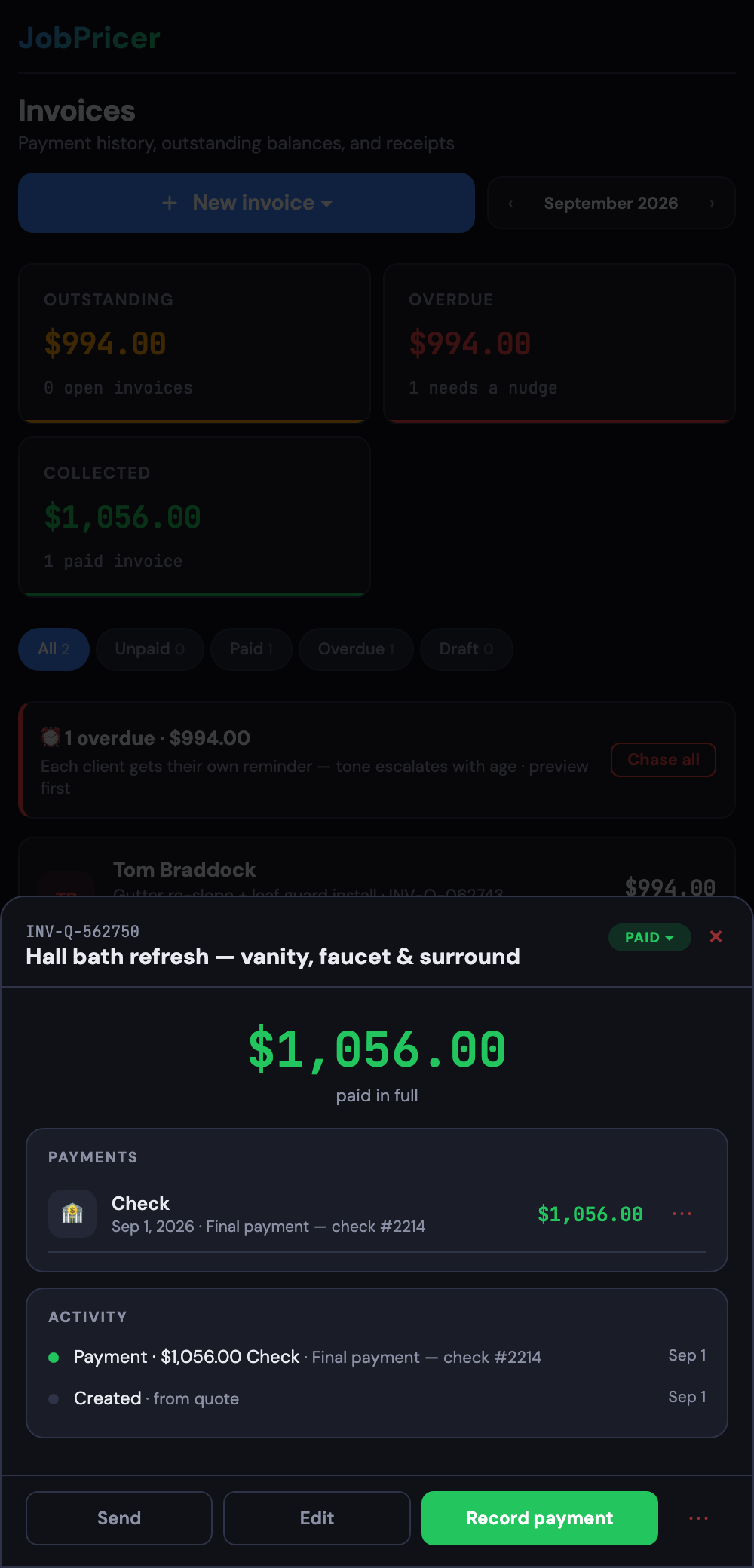 A paid invoice with the payment recorded