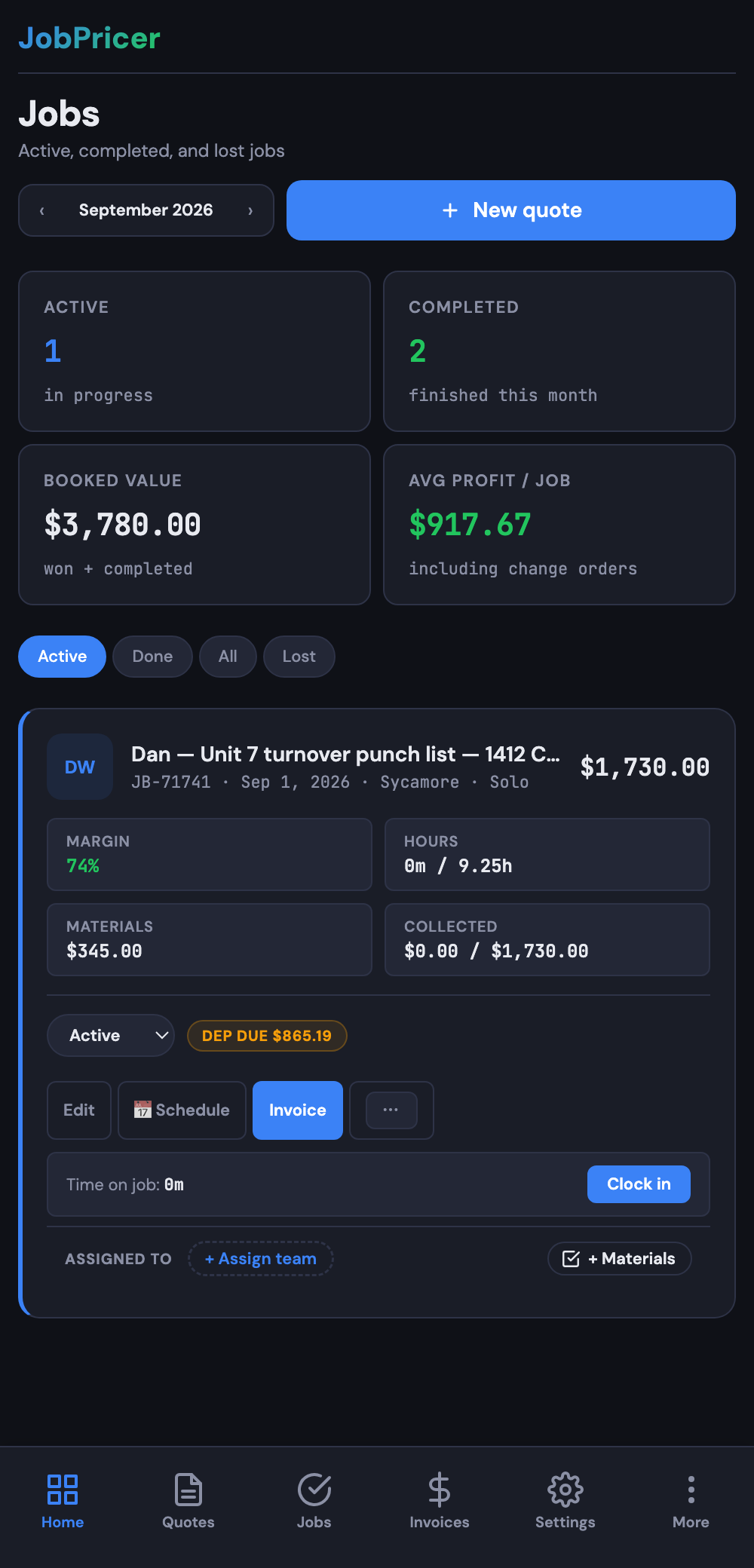 The Jobs tab with active jobs, booked value, and average profit per job