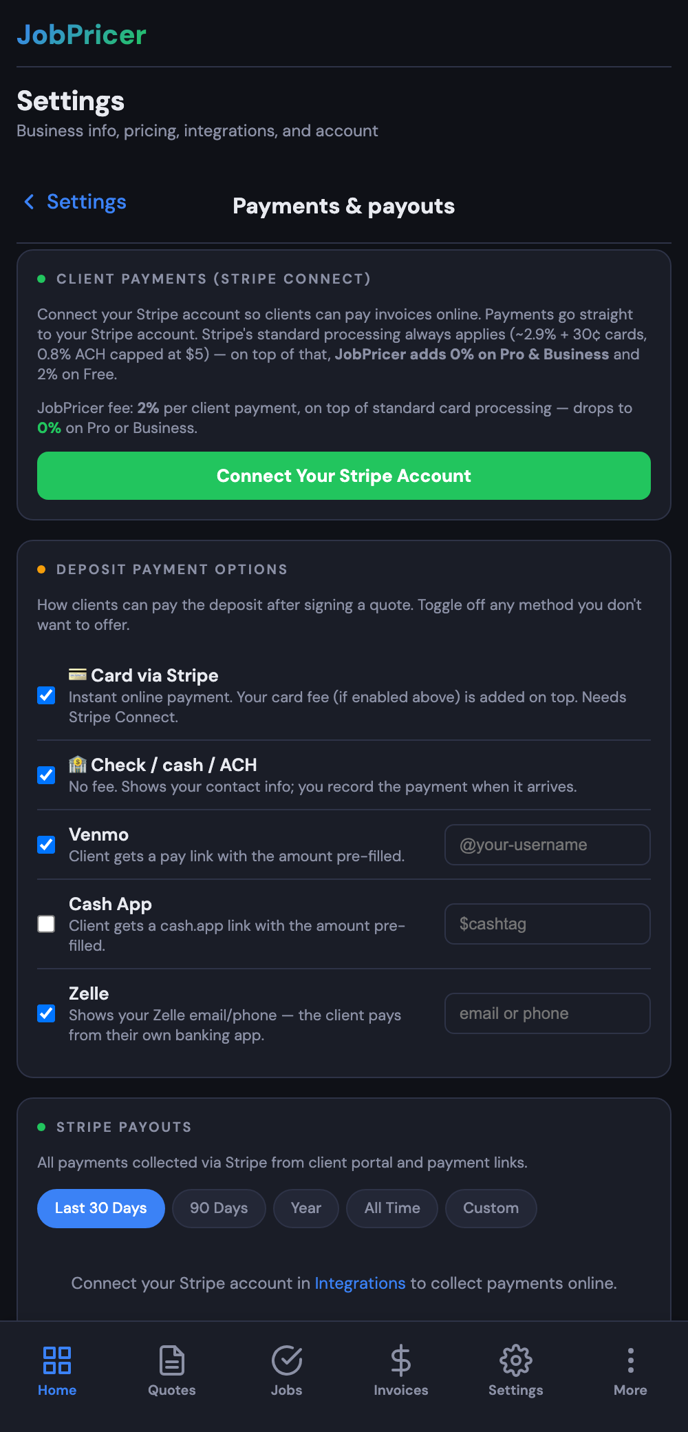 Payments & payouts settings: Stripe Connect with the 0% Pro/Business platform fee, and per-method deposit toggles