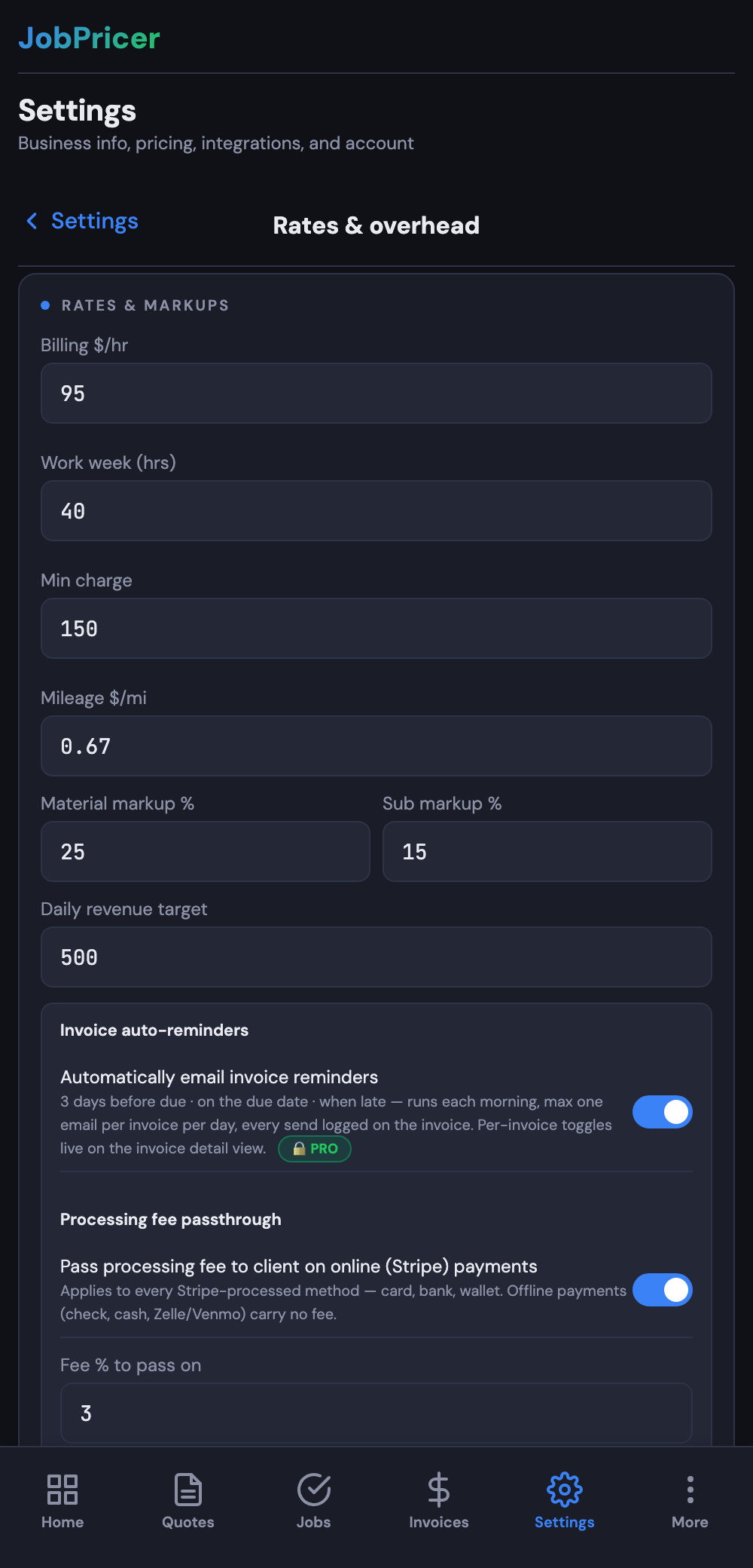 Rates & markups settings: billing rate, minimum charge, mileage, and markups