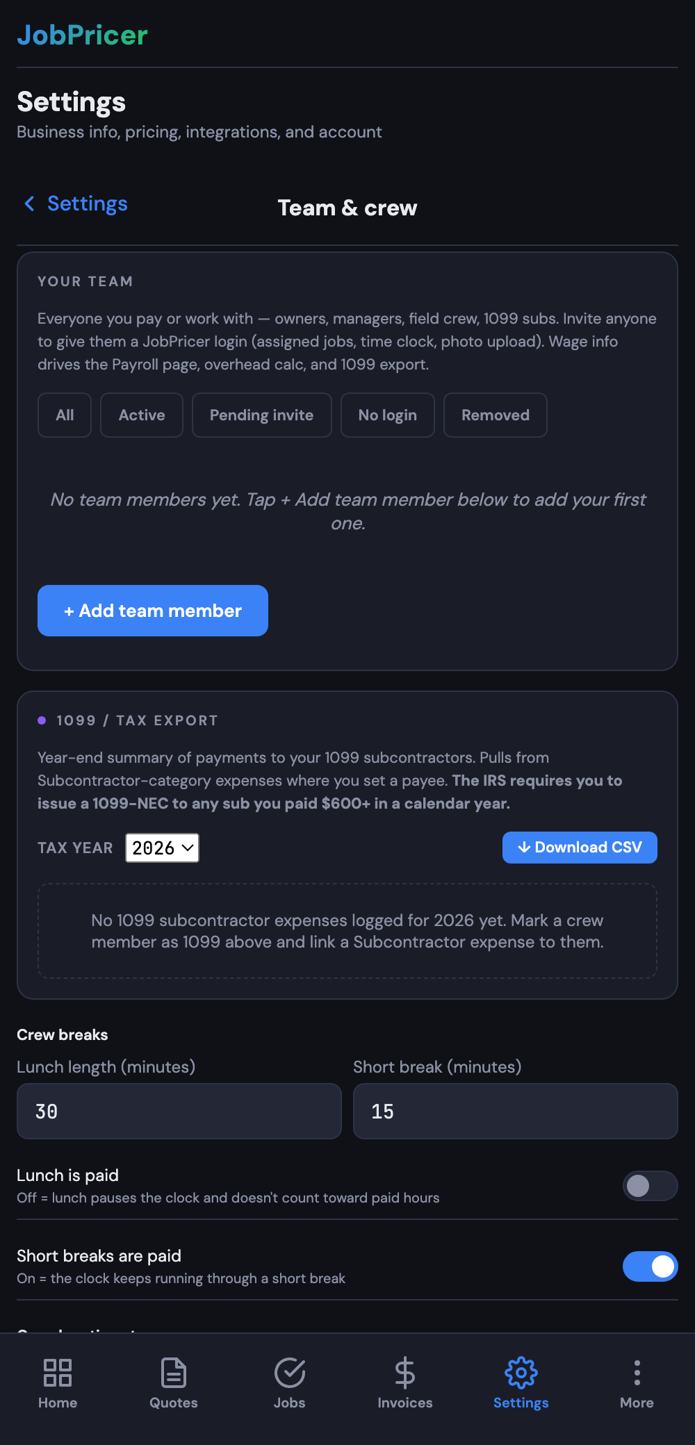The Team & crew settings screen where you add team members and set break rules